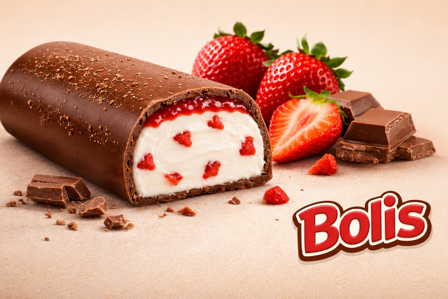 A strawberry Bolis frozen bar cut in half, coated in chocolate, with strawberries and chocolate.