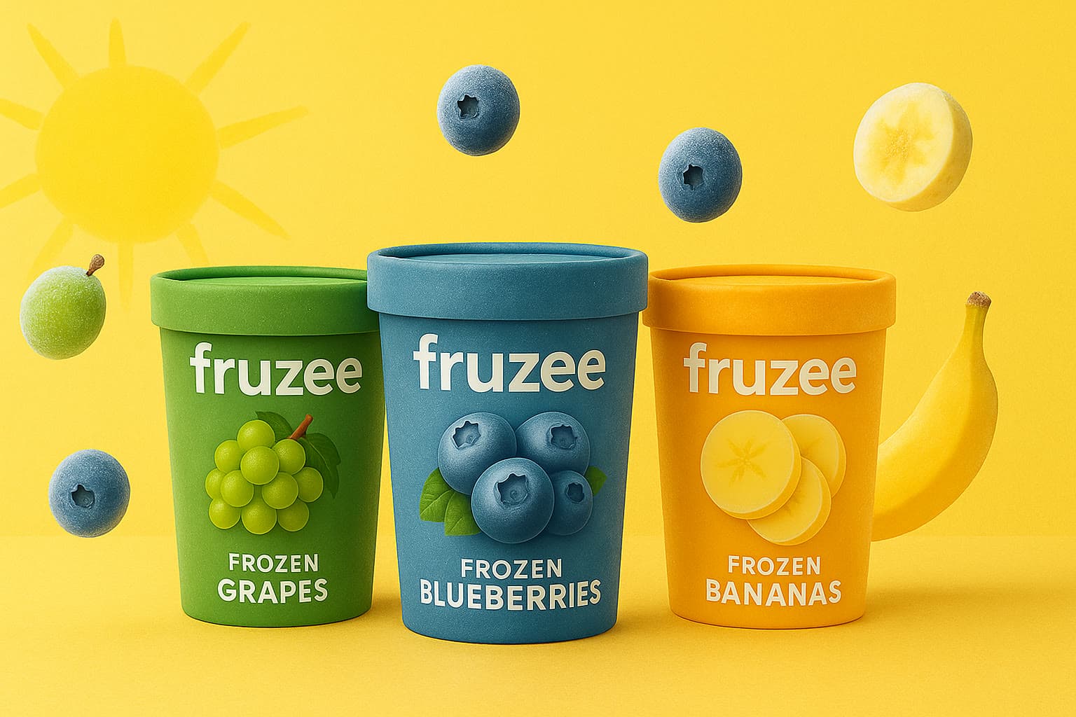 Three Fruzee pots, grape, blueberry and banana, on a yellow background surrounded by fruit.