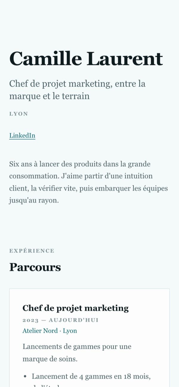 The public site of a demo profile, on a phone.